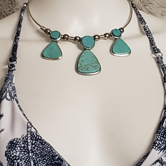 Antique Jewelry - Antique Turquoise Statement & Silver Tone Necklace.